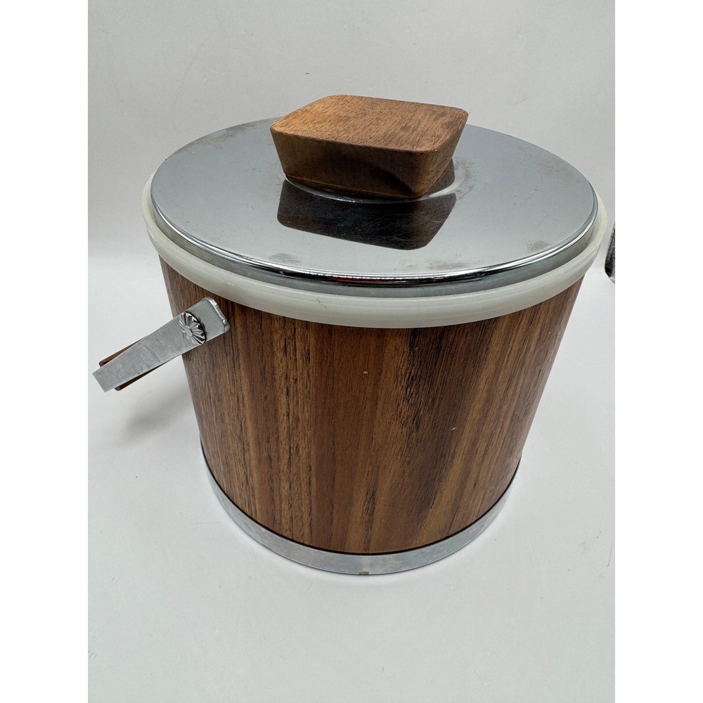 Vintage Ice Bucket Kromex Brown Faux Wood Chrome MCM Barware with Scoop
